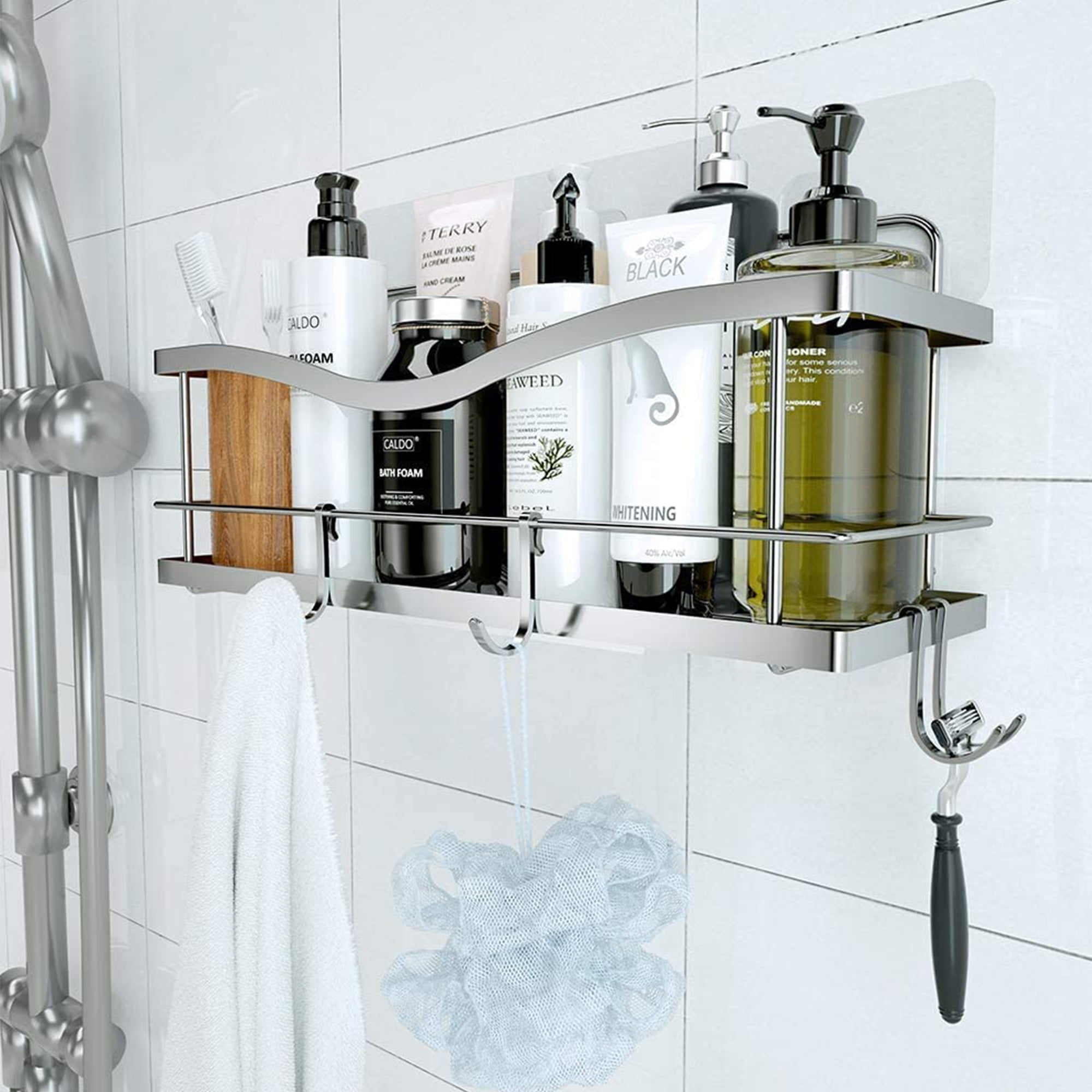 KINCMAX Shower Shelves 2-Pack - Self Adhesive Caddy with 4 Hooks - No Drill  Large Capacity Stainless Steel Wall Shelf - Aesthetic Organizer for Inside