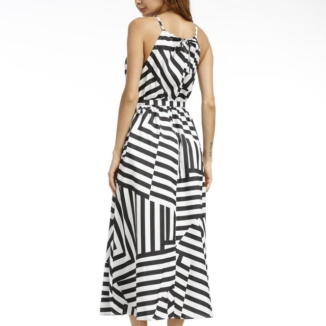 Dalazy Robe Longue Rayée à Col Licou Robe Maxi Imprimée Femme Sans Manches Tenue d'Été, S L