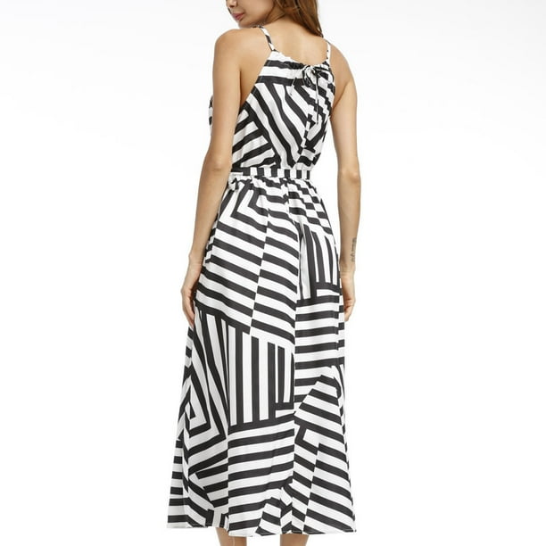 Sonducket Vestido largo a rayas con cuello halter y estampado maxi para mujer Vestido estampado sin mangas para mujer Ropa de verano Vestidos S
