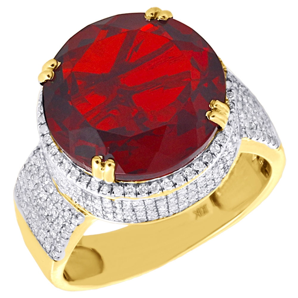 10k Yellow Gold Mens Diamond Royal Red Gemstone Fashion Pinky Ring Pave