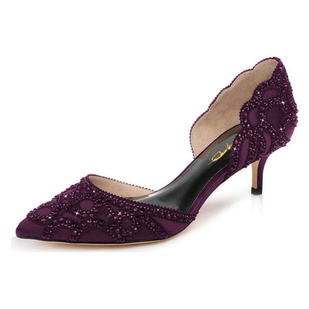 XYD Women s Pumps Elegant Pointed Toe D Orsay Kitten Low Heels Rhinestone Studs Slip-On Satin Shoes for Wedding Bride Size 5 Dark Purple