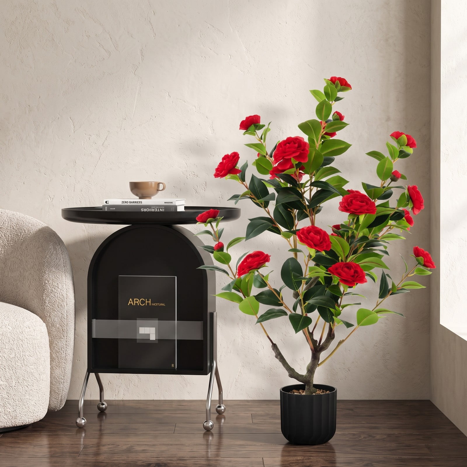 ALPULON 38 Inch Artificial Camellia Tree, Faux Silk Flower Plant with 24 Blooms in Cement Pot for Home Office Living Room Entryway Decor, No Watering Required, Red