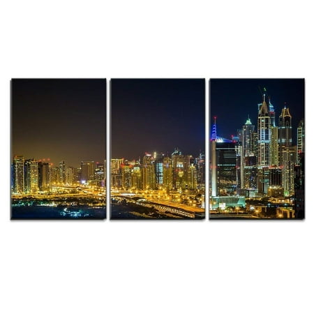 - wall26 - 3 Piece Canvas Wall Art - Dubai Downtown Night Scene Beautiful Cityscape Photograph - Modern Home Decor Stretched and Framed Ready to Hang - 24