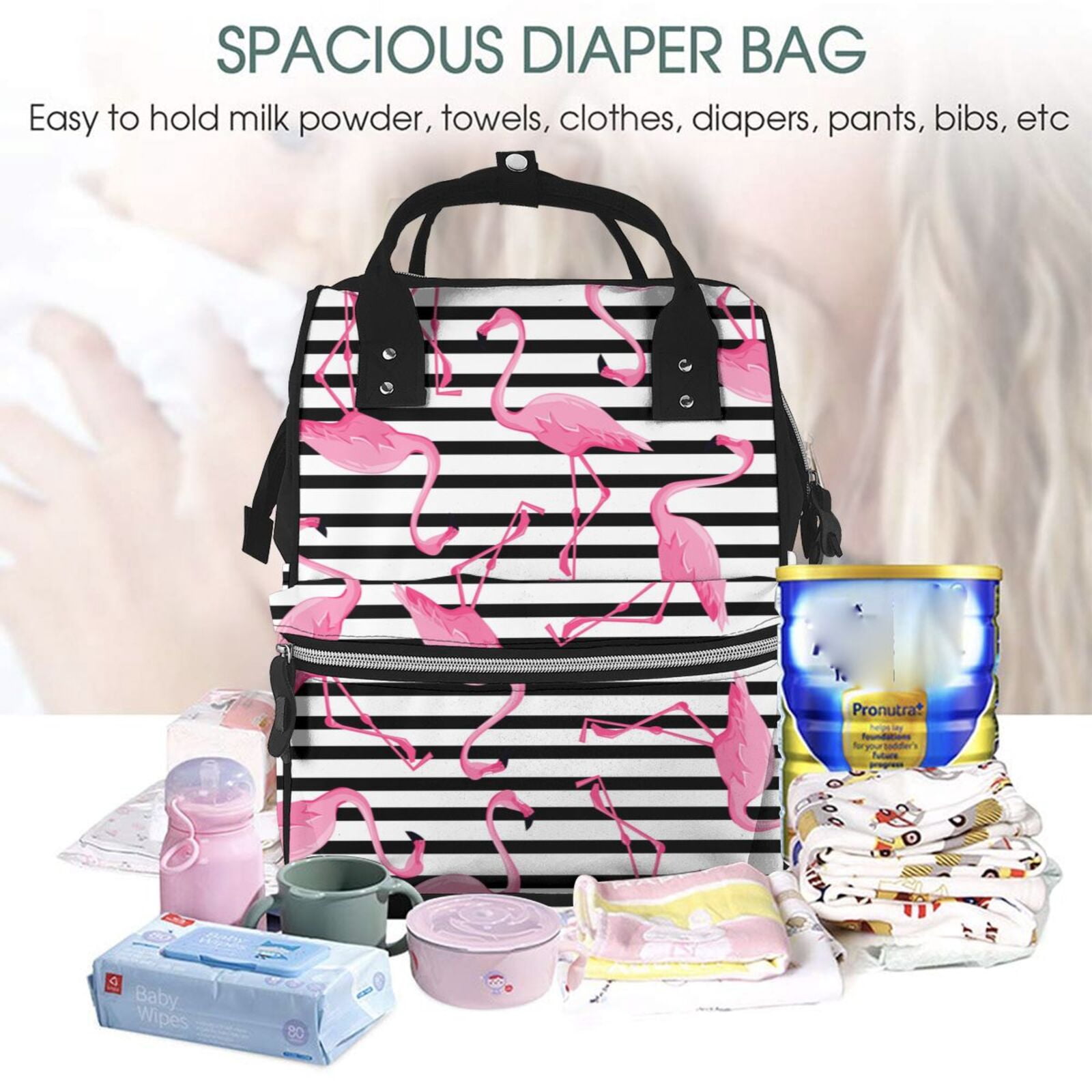 Ratiio Flamingos Mummy Backpack - Waterproof Twill Canvas, Large Capacity Diaper Bag with Multiple Pockets and Adjustable Straps