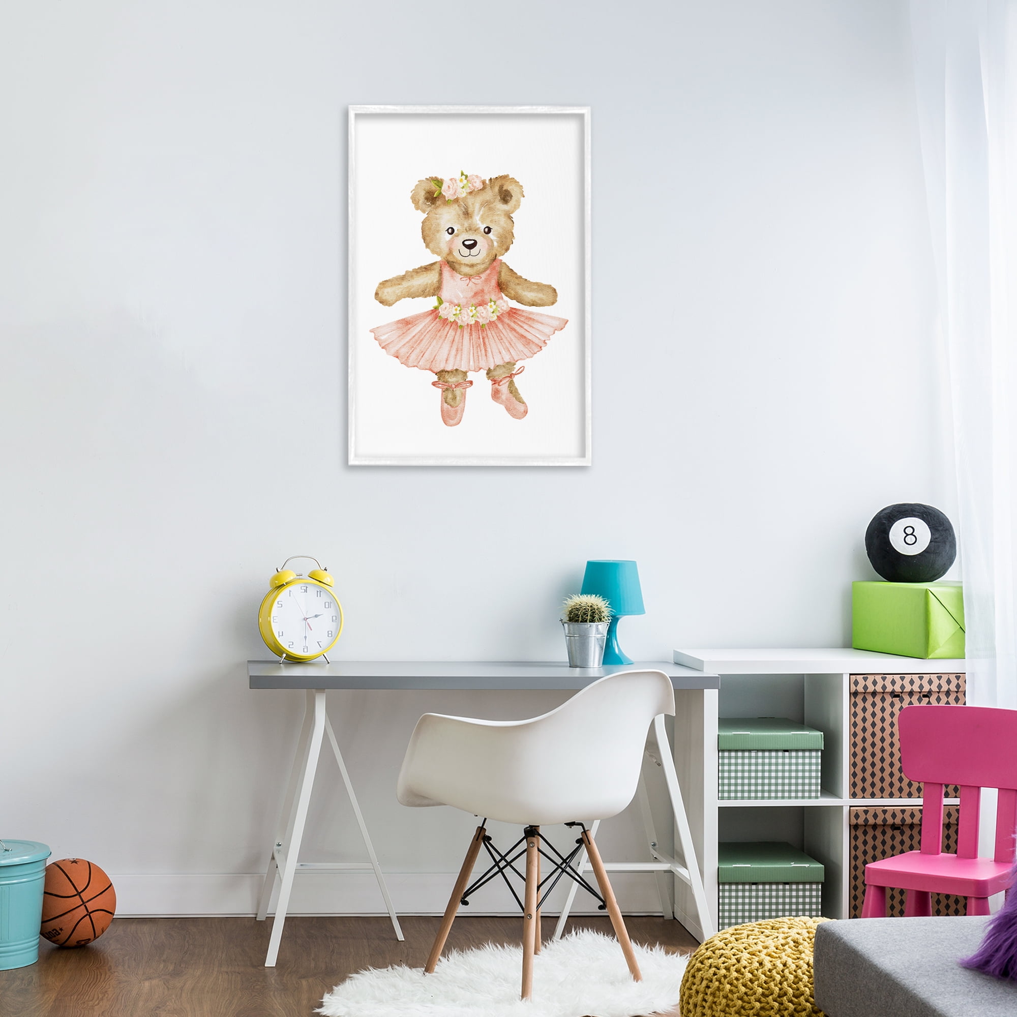 Floral Ballerina Teddy Bear White Framed Giclee Art, design by Amy Hall
