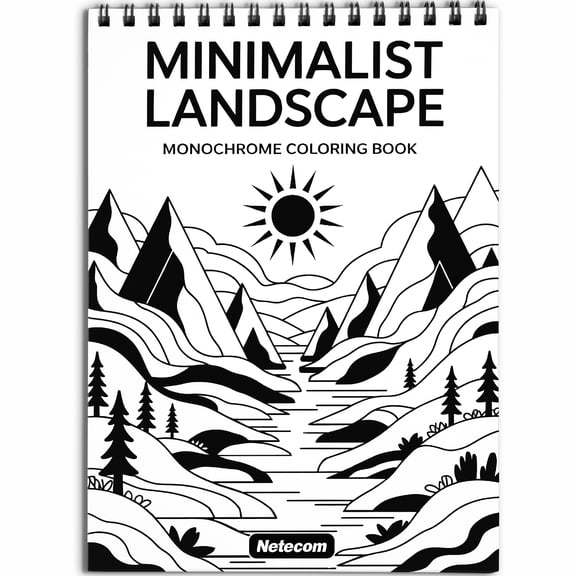 Netecom Minimalist Landscape Monochrome Coloring Book Spiral Bound for Adults, Softcover, Relaxing One-Color Illustrations with Mountains, Forest, Ocean, Sunset Scenes for Mindfulness, Stress Relief