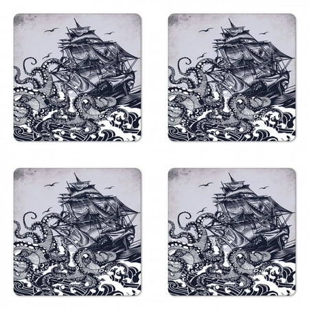 

Nautical Coaster Set of 4 Kraken Octopus Tentacles Ship Sail Old Boat in Ocean Waves Square Hardboard Gloss Coasters Standard Size Indigo Purpleblue by Ambesonne