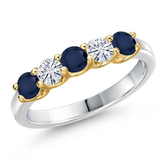Gem Stone King 10K Two Tone Gold Blue Sapphire and White Moissanite Wedding-Bands Ring for Women | 0.98 Cttw | Round 3.5MM | Gemstone September Birthstone | Size 5