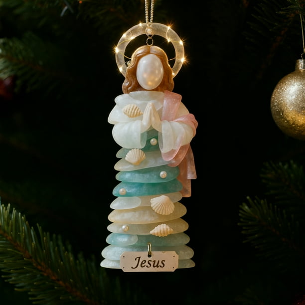 Adorno religioso acrílico • Decoración plana 2D para colgar junto al mar con detalles de perlas, diseño en capas azul menta, cadena de oro • regalo espiritual para el hogar, bendición navideña
