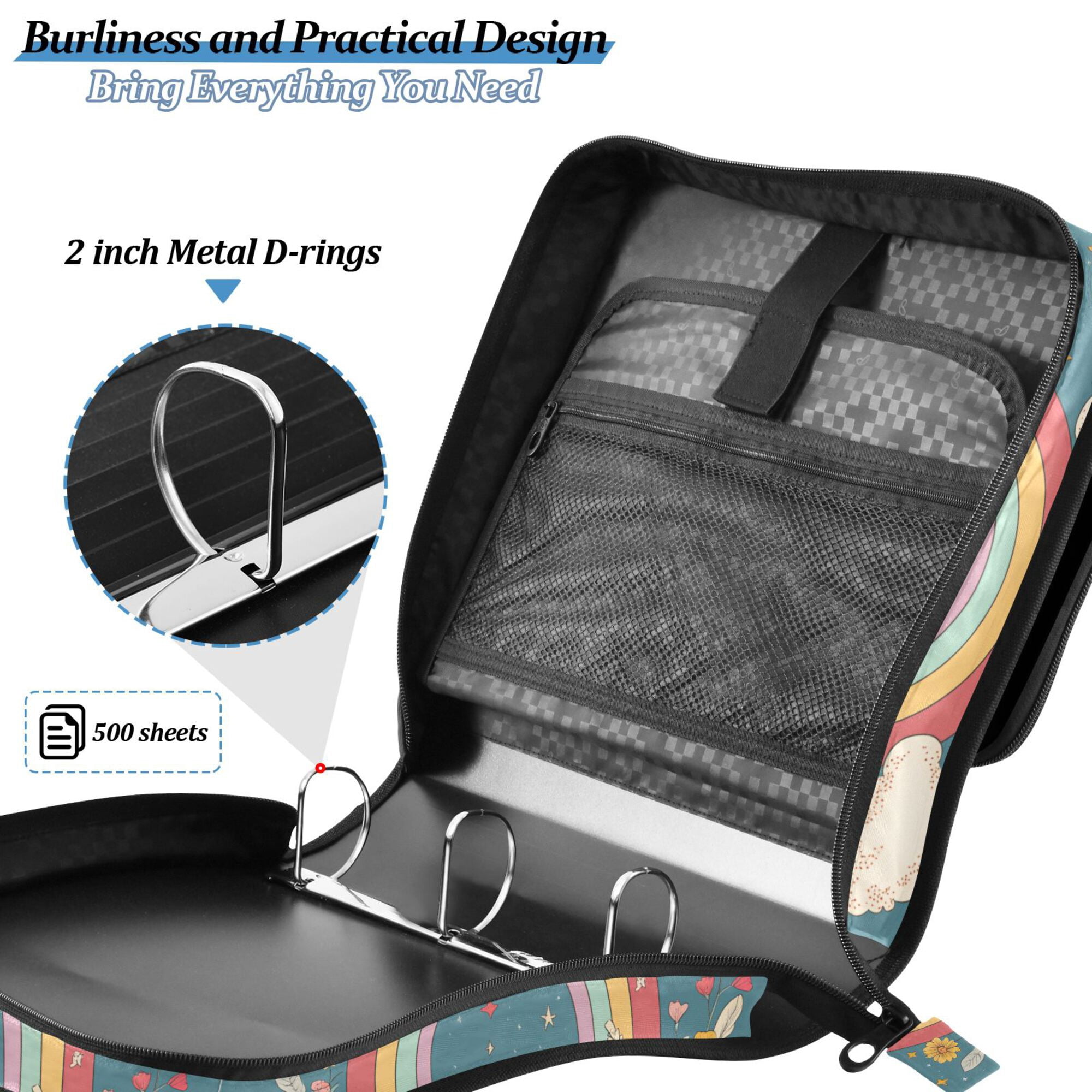 FORMRS Zipper Binder with Shoulder Strap 2-inch Ring 500 Sheet Capacity File Bag, Blue Rainbow