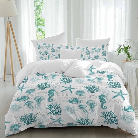 Seahorse Coral Shell Duvet Cover Set Twin Size Starfish Ocean Turquoise Retro Soft Lightweight Comforter Covers 4 Piece Bedding Set with 1 Duvet Cover 1 Bed Sheet & 2 Pillow Shams