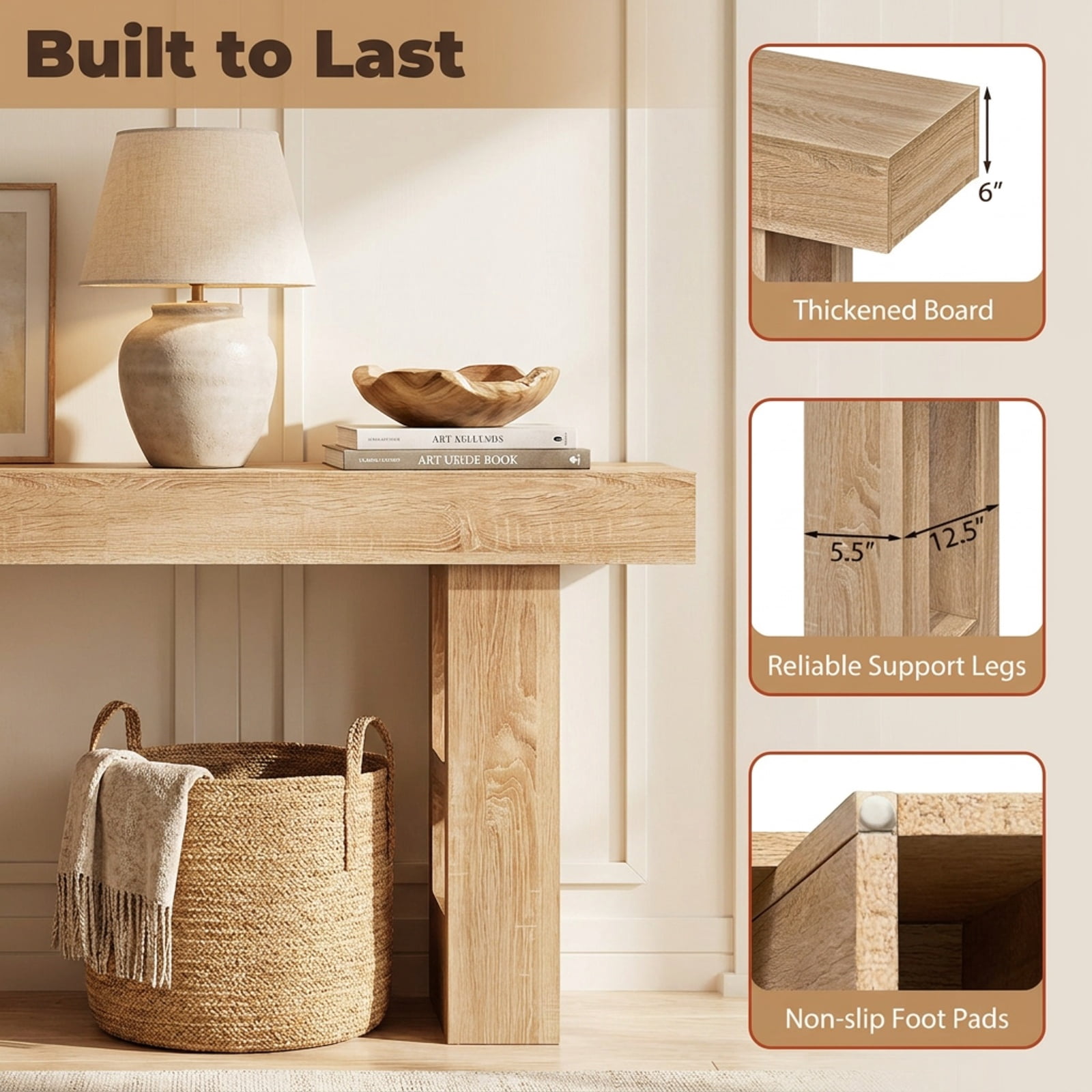Furnibear 63 Inch Long Console Table Farmhouse Entryway Table with Bottom Storage for Living Room Hallway Foyer Sofa, Natural