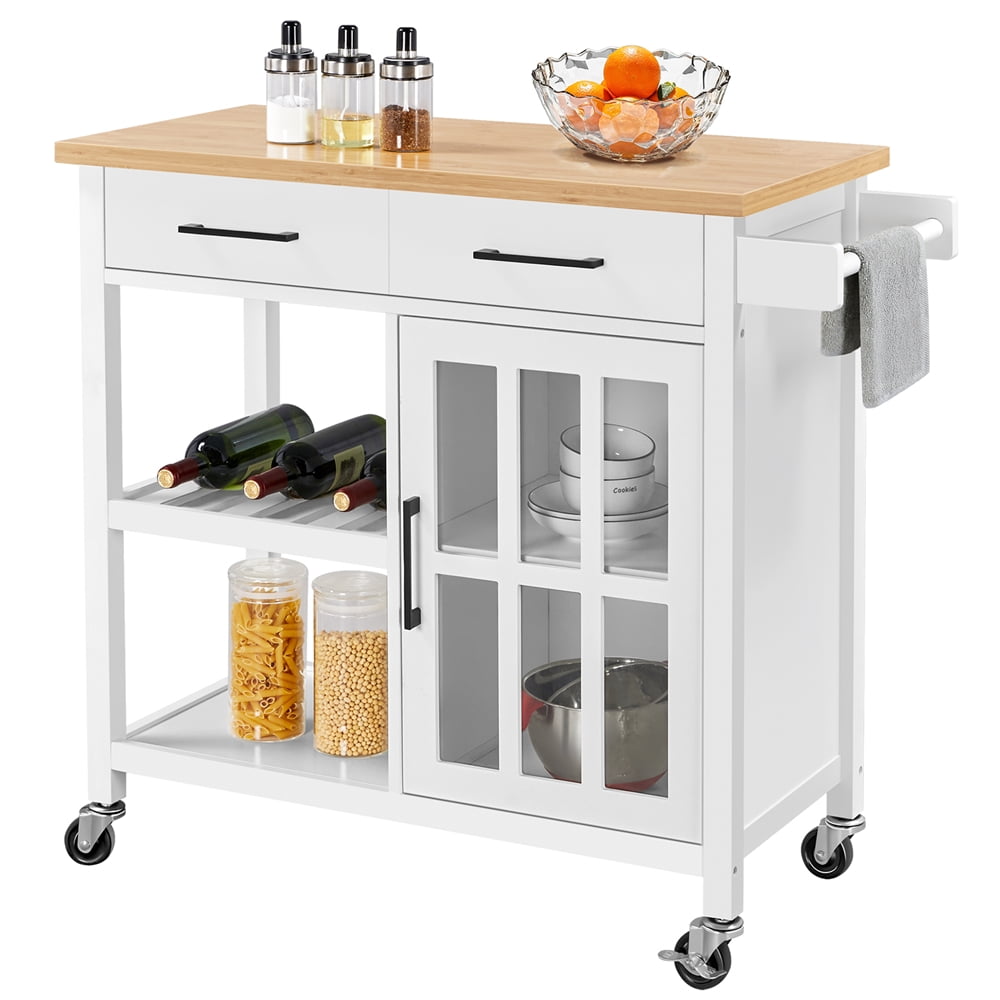 Yaheetech Mobile Kitchen Island Kitchen Cart with Bamboo Top and Storage &  Tempered Glass Cabinet Door, White