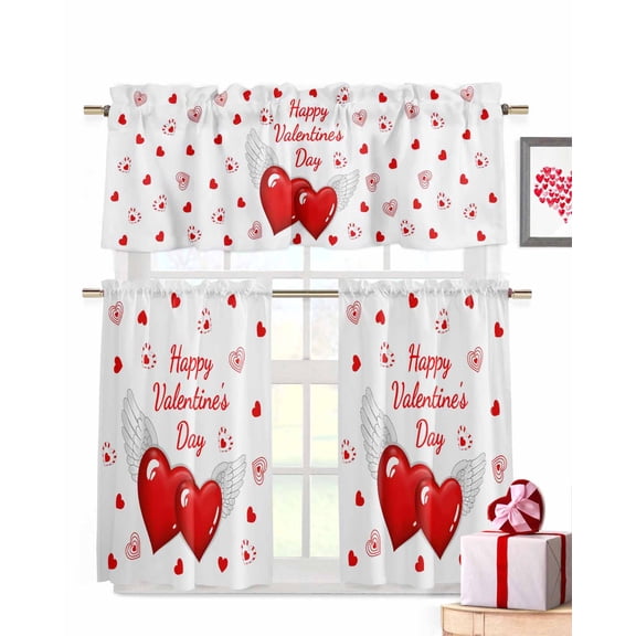 Valentine's Day Kitchen Curtains Valances and Tiers Set of 3, 24 Inch Length Tier Curtains and Valance Rod Pocket Valance Curtains Set for Kitchen Bathroom Small Windows
