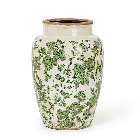 Sungmor Ceramic Flower Vase, Vintage Ice Cracked Glaze Porcelain Vase, Pretty Home Decor Vase for Flower Arrangement, Fresh Flowers, 10.2 Inch Tall Chinoiserie Pottery Vase, Green Floral Pattern