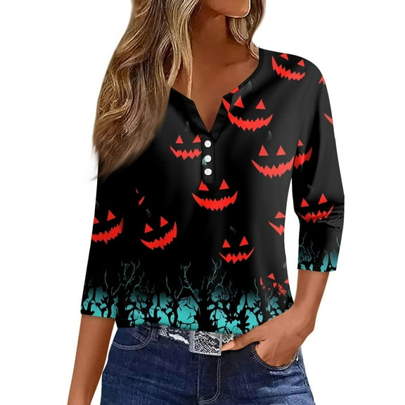 LTTVQM Womens Halloween 3/4 Sleeve Shirts Funny Pumpkin Graphic Pullover Novelty Button Down Tops Basic Halloween Blouses XL