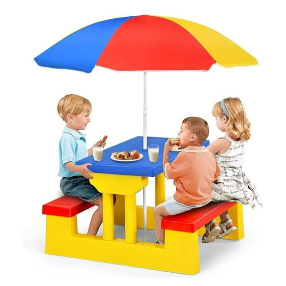 Kids Picnic Table, Toddler Plastic Outdoor Table & Set with Umbrella, Children Patio Furniture Set for Backyard Garden, Kids Picnic Tables for Outdoors, Gift for Boys Girls Age 3 