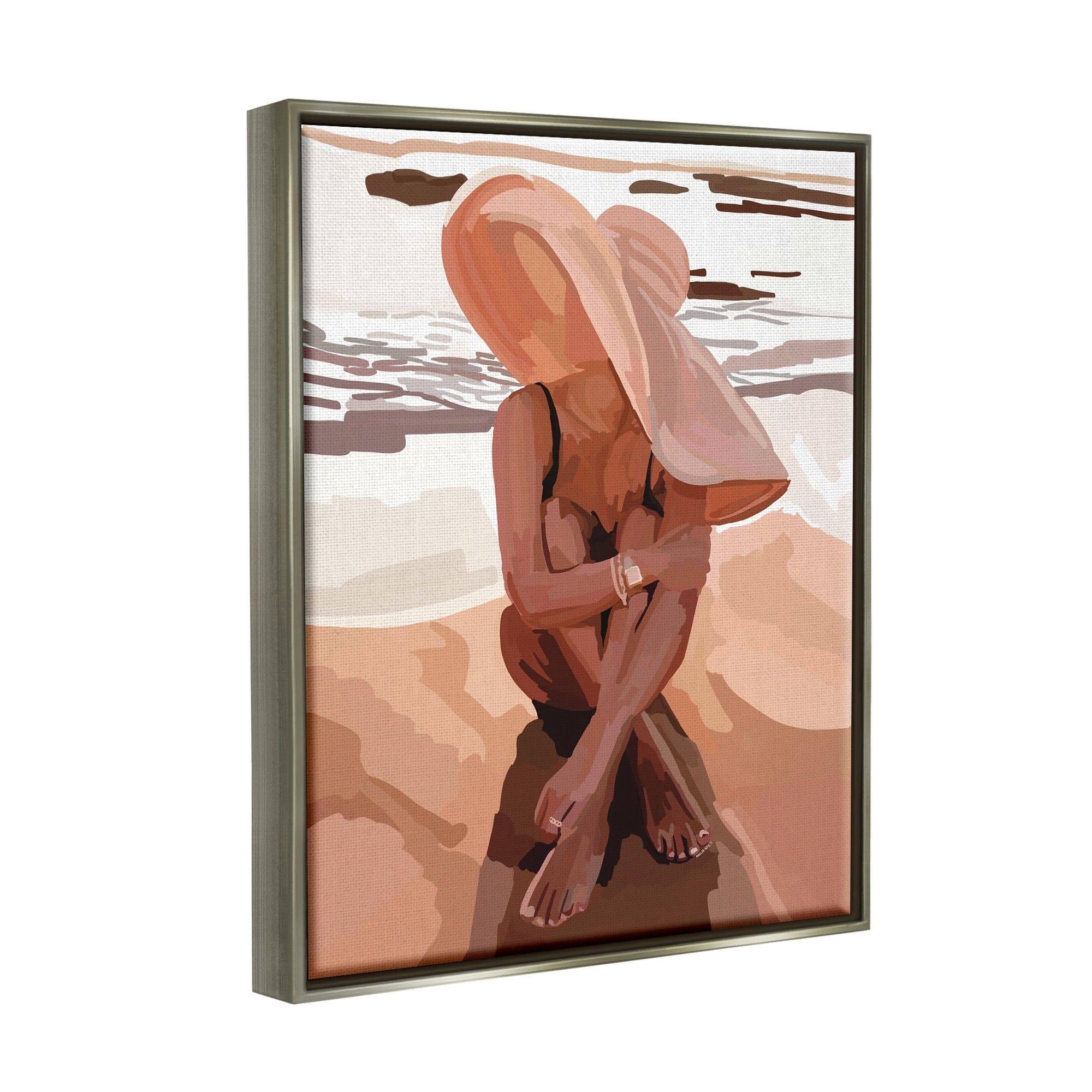 Stupell Industries Woman Sitting Enjoying Ocean Shore Summer Beach Graphic Art Luster Gray Floating Framed Canvas Print Wall Art, Design by Amelia Noyes