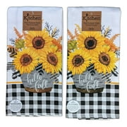 Set of 2 HELLO FALL Gingham Sunflower Terry Kitchen Towels by Kay Dee Designs