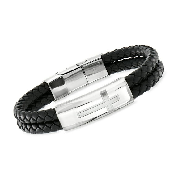 Ross-Simons Men's Stainless Steel Cross Bracelet With Black Leather for Male, Adult