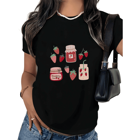 Black Print Tshirt Graphic Tees Jam Jar Strawberry All Season Casual Comfort Tops S-5XL Tops