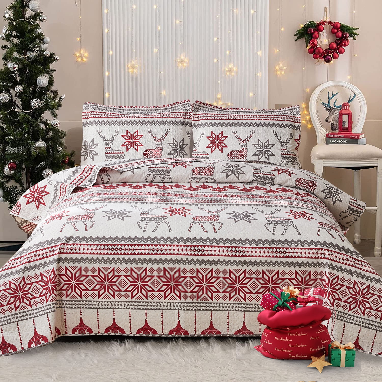 Green Essen Christmas Quilts Twin Size Reindeer Xmas Bedspread Snowflake Bedding Stripe Coverlet Red White Lanterns Christmas Decor