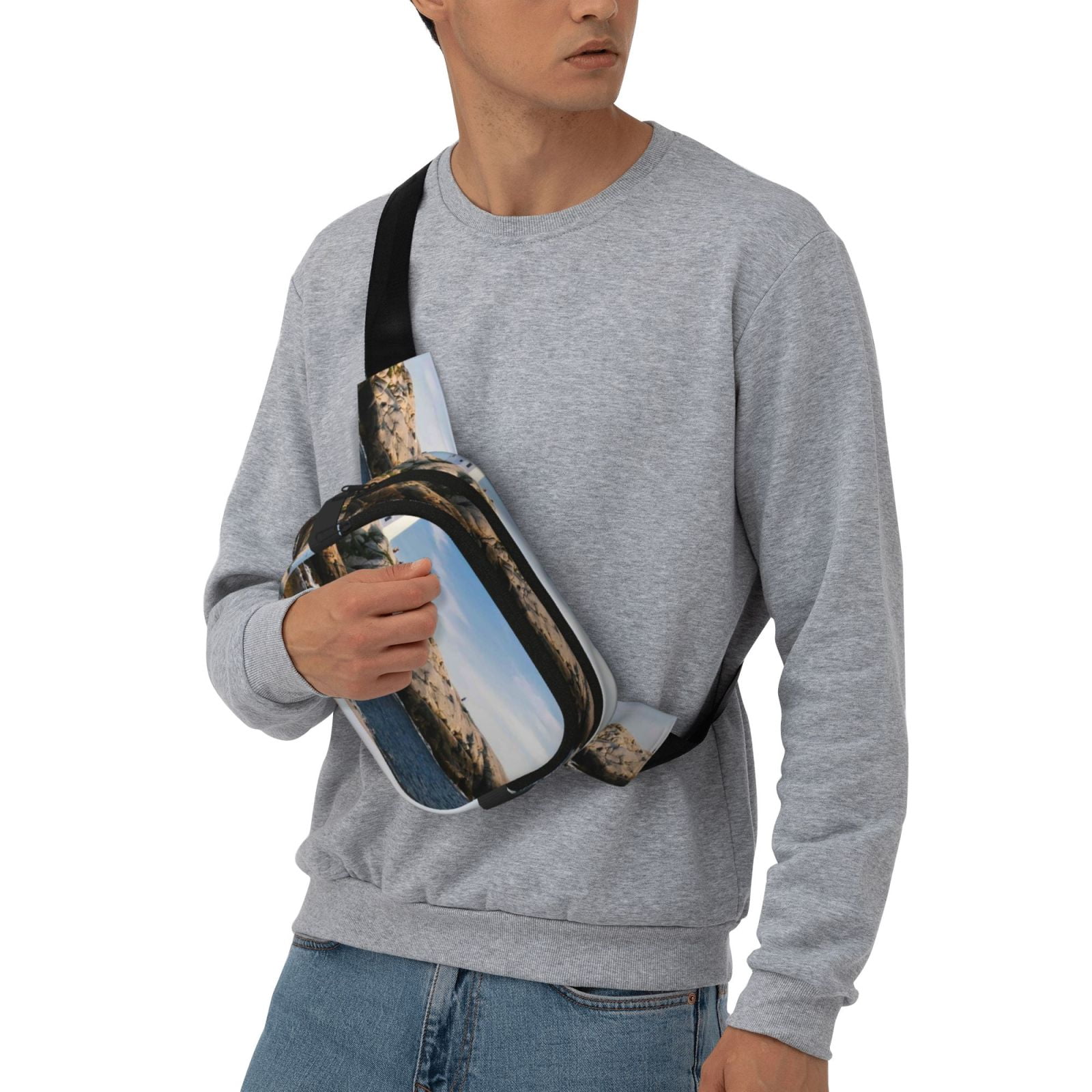 Picia Lighthouse Print Square Double-Layer Waist Bag Mini Adjustable Waist Belt Bag Exercise Running Travel Hiking