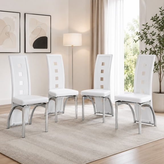 TesNus Dining Chairs Set of 4 White PU Leather Geometric High Back Silver Legs 40 Inch