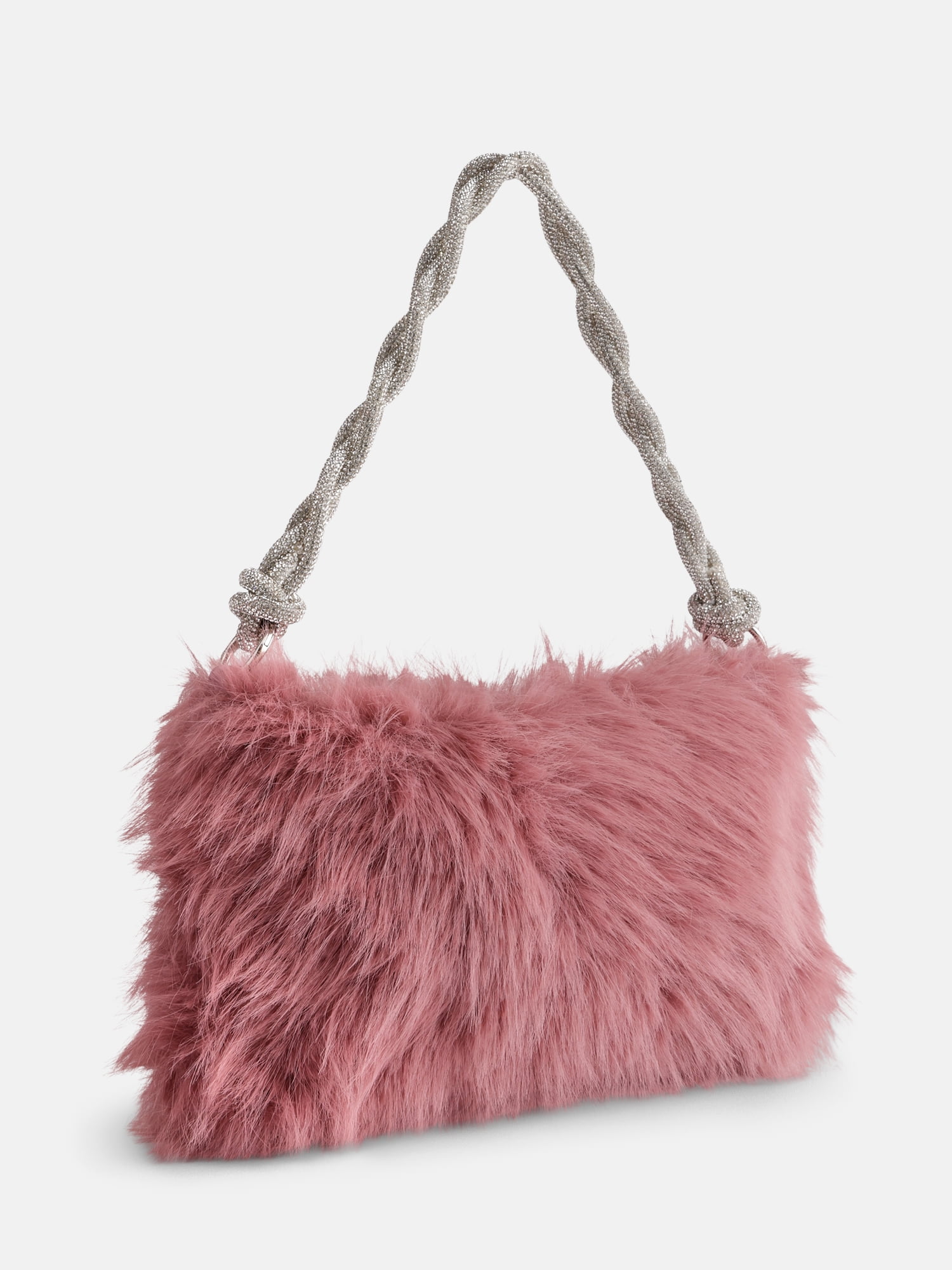 No Boundaries Women's Faux Fur Shoulder Bag with Rhinestone Strap, Blush