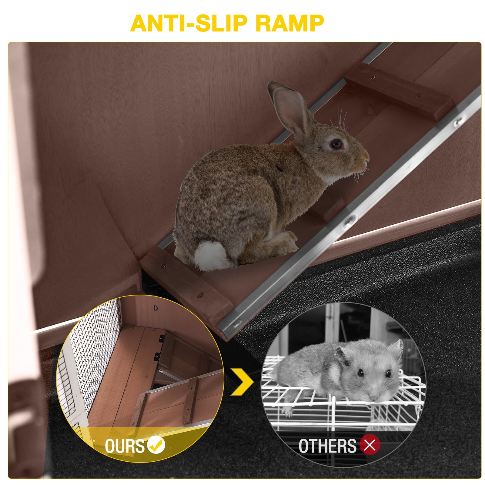 Aivituvin Rabbit Hutch Indoor Bunny House Guinea Pig Cage with Sliding Plastic Trays, Wheels & Ramp, 47.2" Multi-Door Wooden Small Animal Cage for Rabbits Bunnies, and Guinea Pigs, Brown