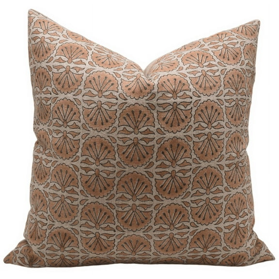 Fabdivine Block Print Throw Pillow Cover, 14x14 Inch Thick Linen Handmade Cushion Cover, Floral Print Boho Design Rust Pillow Cover for Sofa and Couch