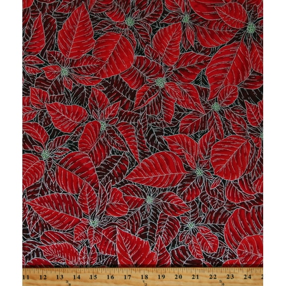 Cotton Poinsettias Winter Christmas Flowers Floral Holiday Flourish Snow Flower Red with Silver Metallic Cotton Fabric Print by the Yard (SRKM-21597-93SCARLET)