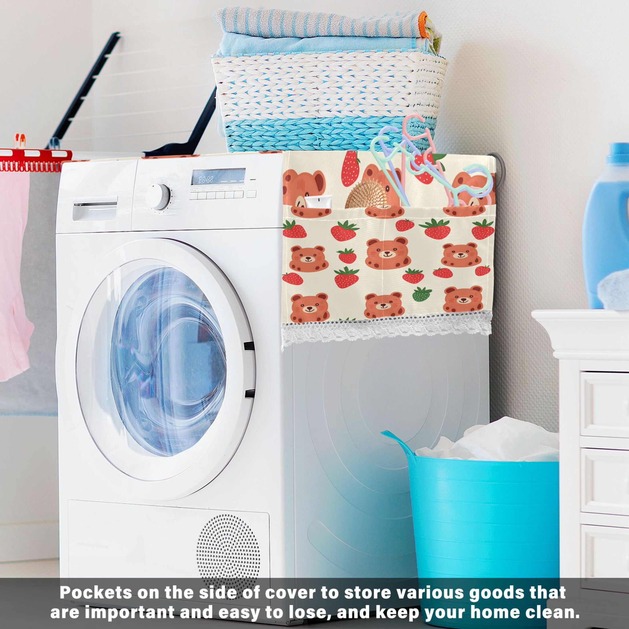 Strawberry BearWasher and Dryer Covers Dust-Proof and Oil Resistant Fridge Cover with 4 Storage Pockets Washing Machine Top Cover for Laundry Kitchen Home 51.2 x 22 In