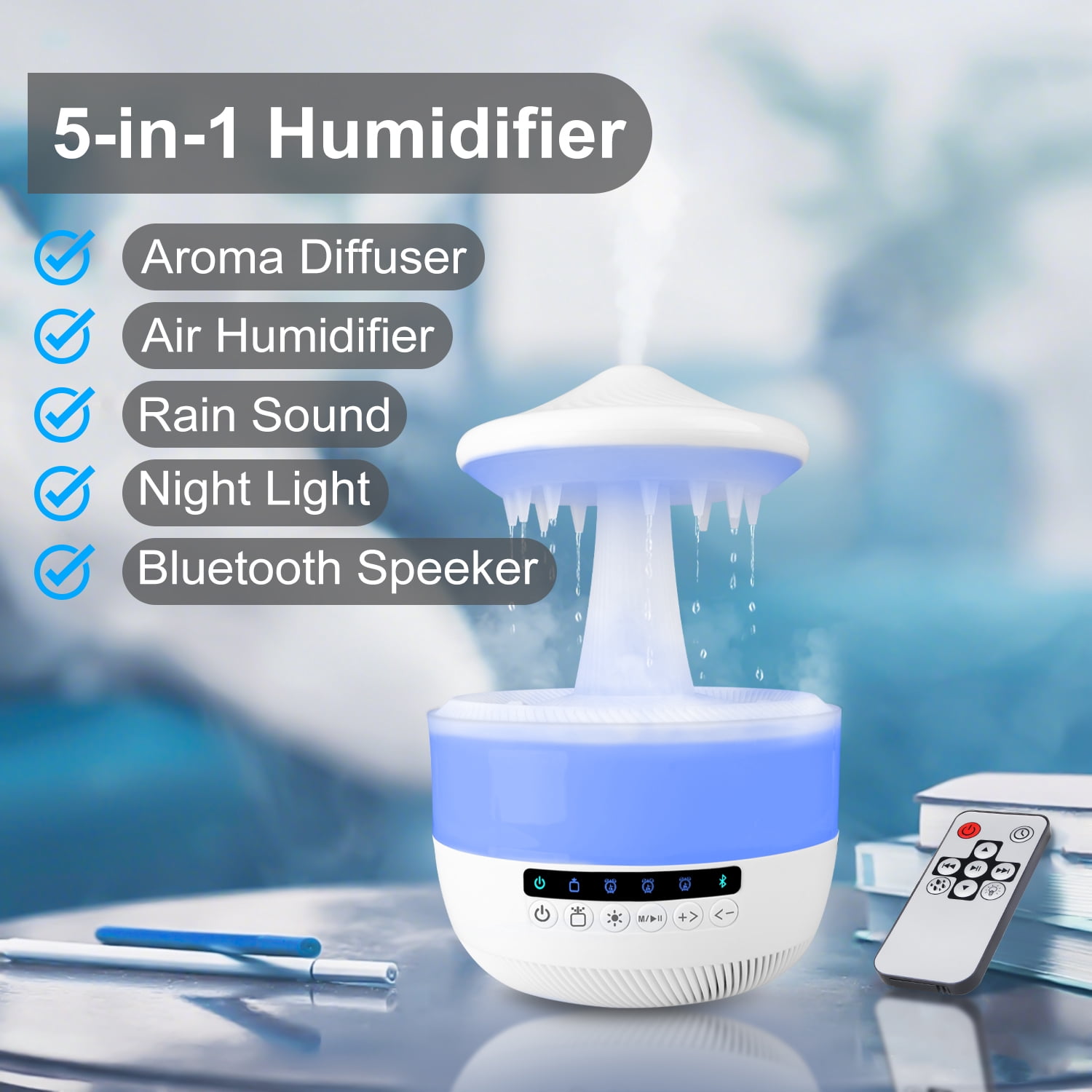 Humidifier for Bedroom,HopePow 12Hrs Cool Mist Top-Fill Ultrasonic Humidifiers with Night Light and Bluetooth Speaker Rain Cloud Humidifier Water Drip Diffuser Ultra Quiet Humidifier for Home,Room