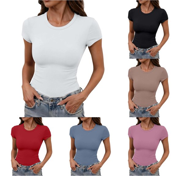 Slim Fit Crew Neck Short Sleeve T-Shirt for Women Basic Stretchy Top Soft Comfortable Daily Wear
