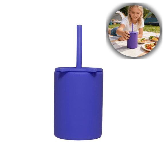 Silicone Drinking Cup with Spill-Proof Lid & Straw—Reusable, Shatterproof Travel Water Tumbler for On-the-Go Hydration, Hot & Cold Beverages