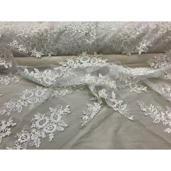 DECORATIVE SILK INC. Sequin lace Fabric with embroideries on mesh VT-010 (1 Yard,IVORY)