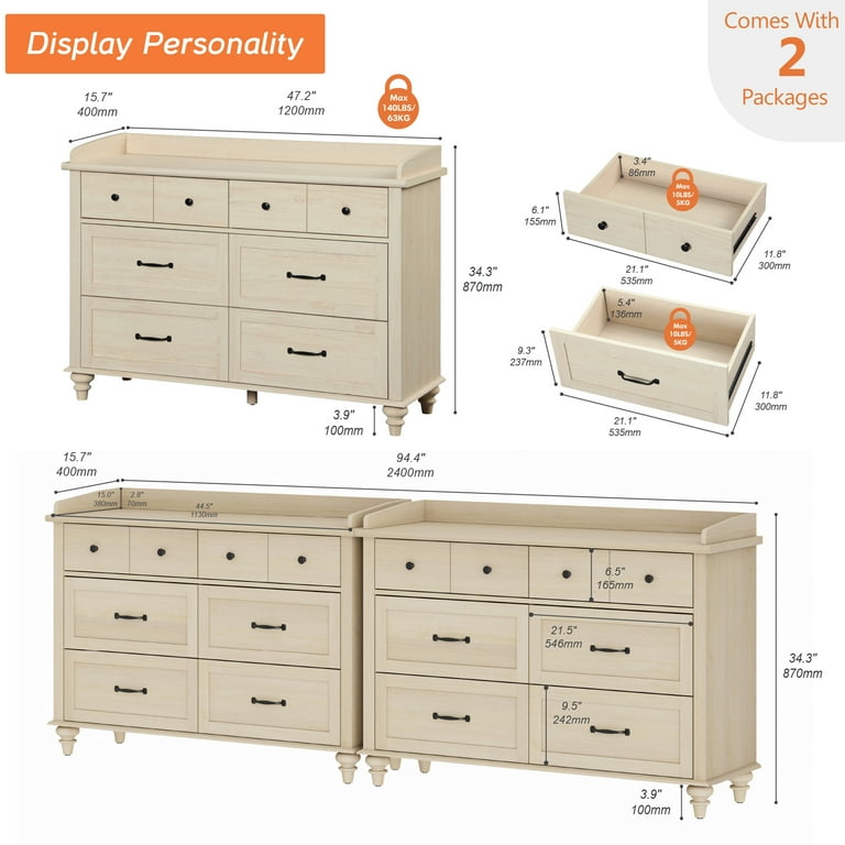 Set of 2 Dressers with 12 Drawers, Wooden Kids Dresser for Kids Room Living Room, Beige