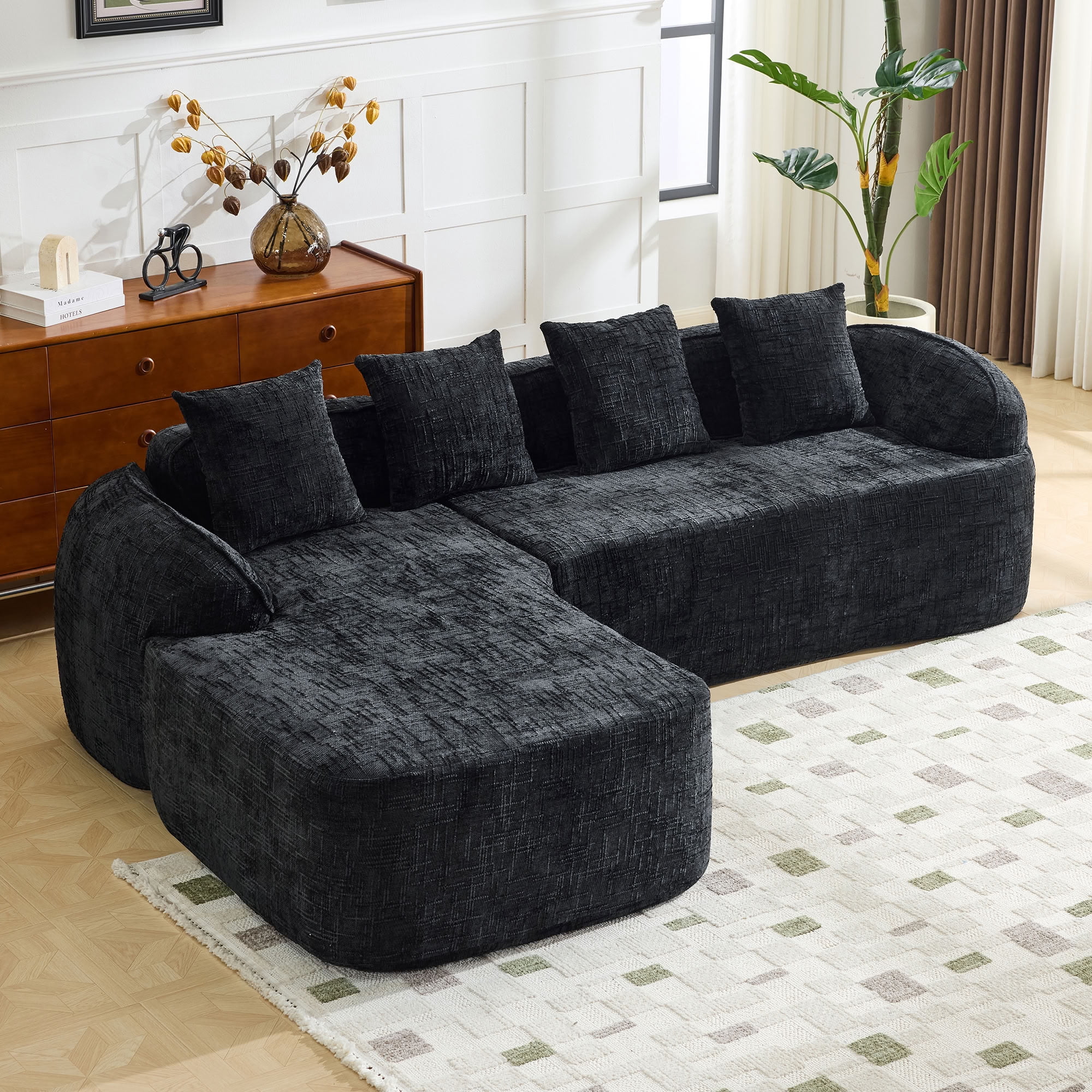 MAYEERTY L-Shaped Chenille Sectional Sofa with Chaise Lounge, 4-Seat Compressed Couch with 4 Throw Pillows, for Living Room Apartment Small Spaces