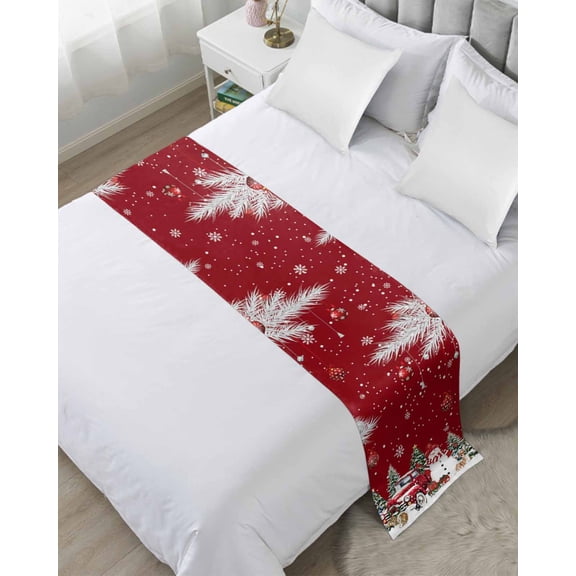 Xipuska Red Christmas Bed Runners for King Size Bed, Decorative Bed Throws for Foot of Bed, Xmas Snowman Truck Tree Balls Bed Runner Sofa Throw Bedding Scarf Protector Slipcover for Bedroom/Hotel