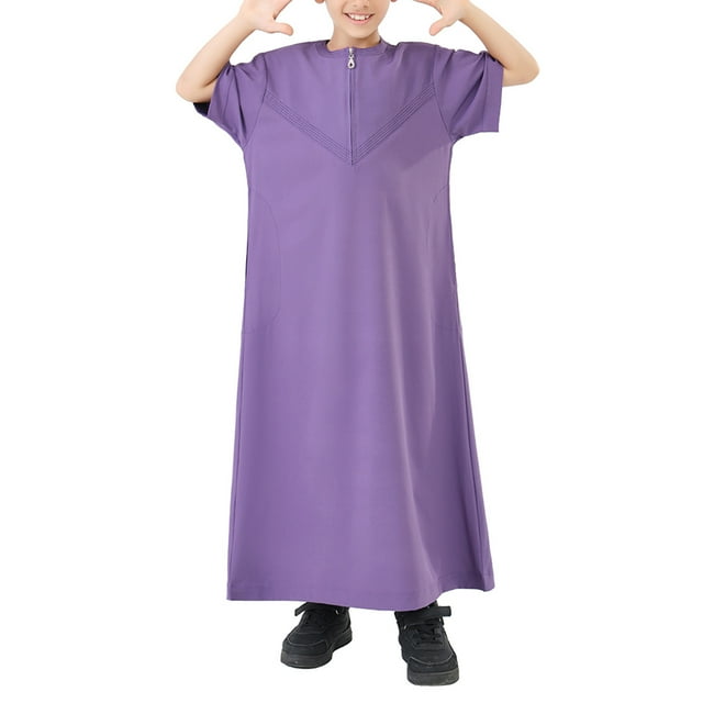 Lovzfmll Robe Légère Musulmane Thobe pour Garçons, Style Arabe, Manches Courtes, Fermeture Éclair devant avec Poche pour Petits Garçons, S
