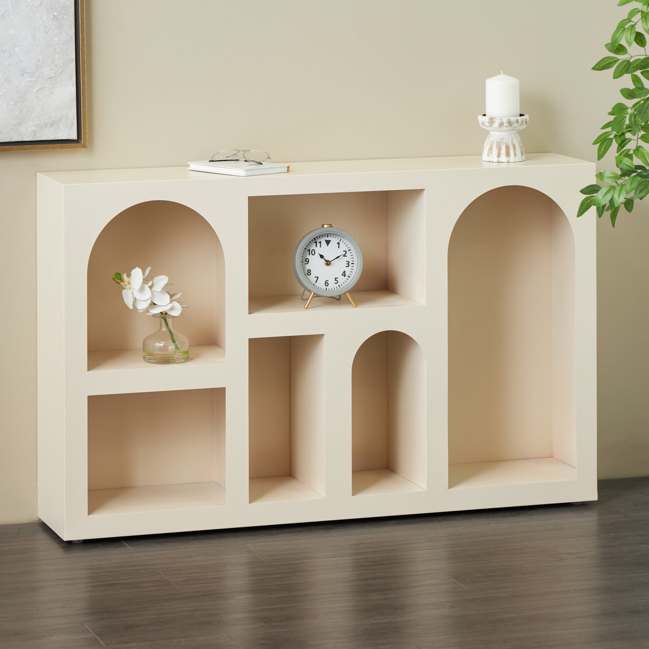 DecMode 47" x 30" Cream Metal Geometric 6-Tier Shelving Unit with Arched Block Shapes, 1-Piece