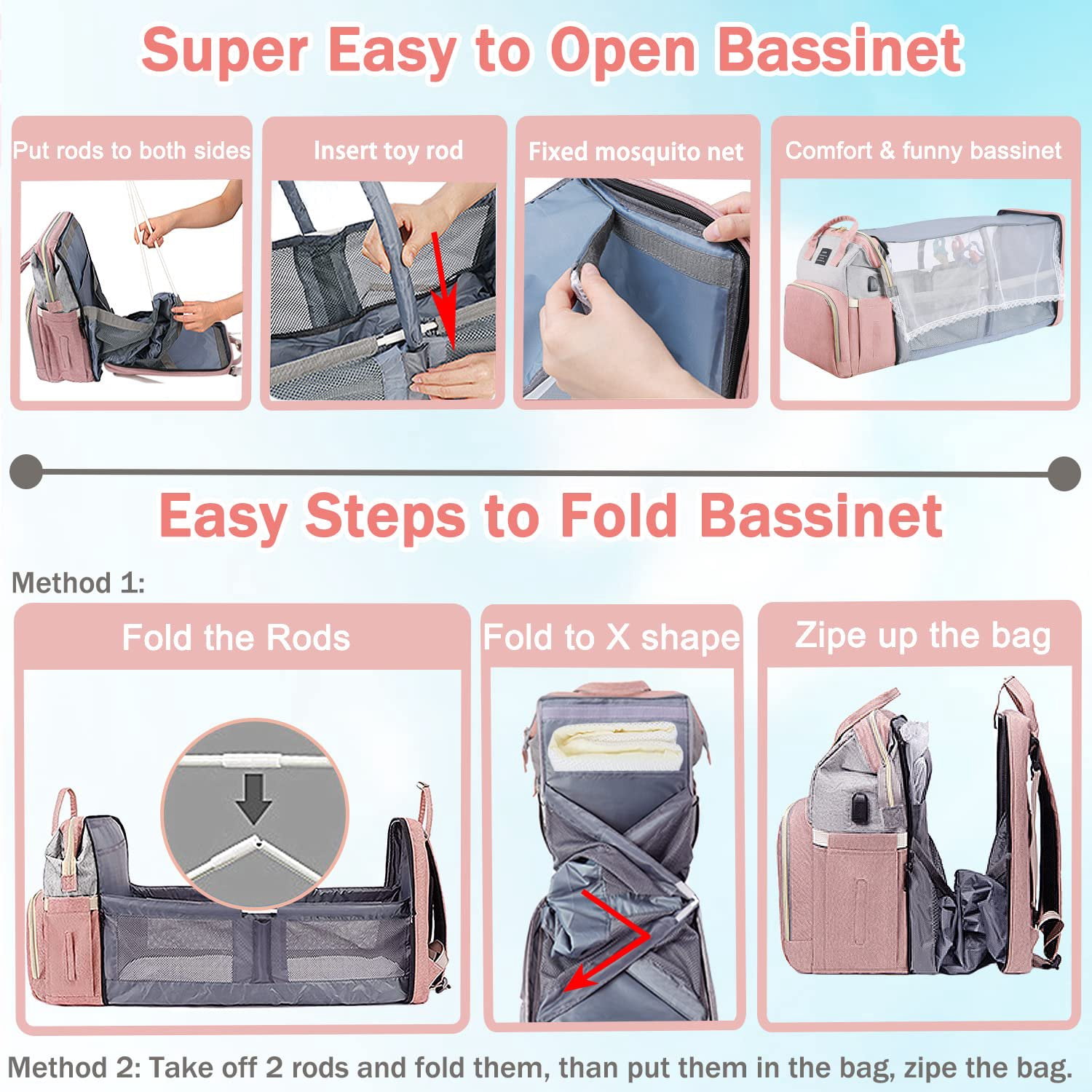 8-in-1 Travel Diaper Bag Backpack with Changing Station, Mosquito Net & Toy Bar - Waterproof, Large Capacity for Baby Girl/Boy