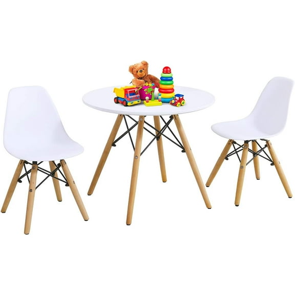 Brezey Kids Table and Chair Set, 3-Piece Kids Mid-Century Modern Style Table Set with Wood Legs for Dining Drawing Playing, Toddler Table and Chairs (White, Table & 2 Chairs)