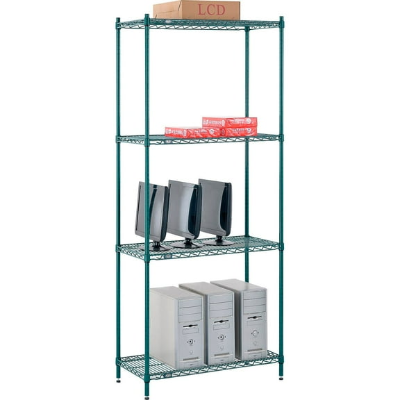 Nexel Poly-Green, 4 Tier, Wire Shelving Starter Unit, 36"W x 14"D x 86"H