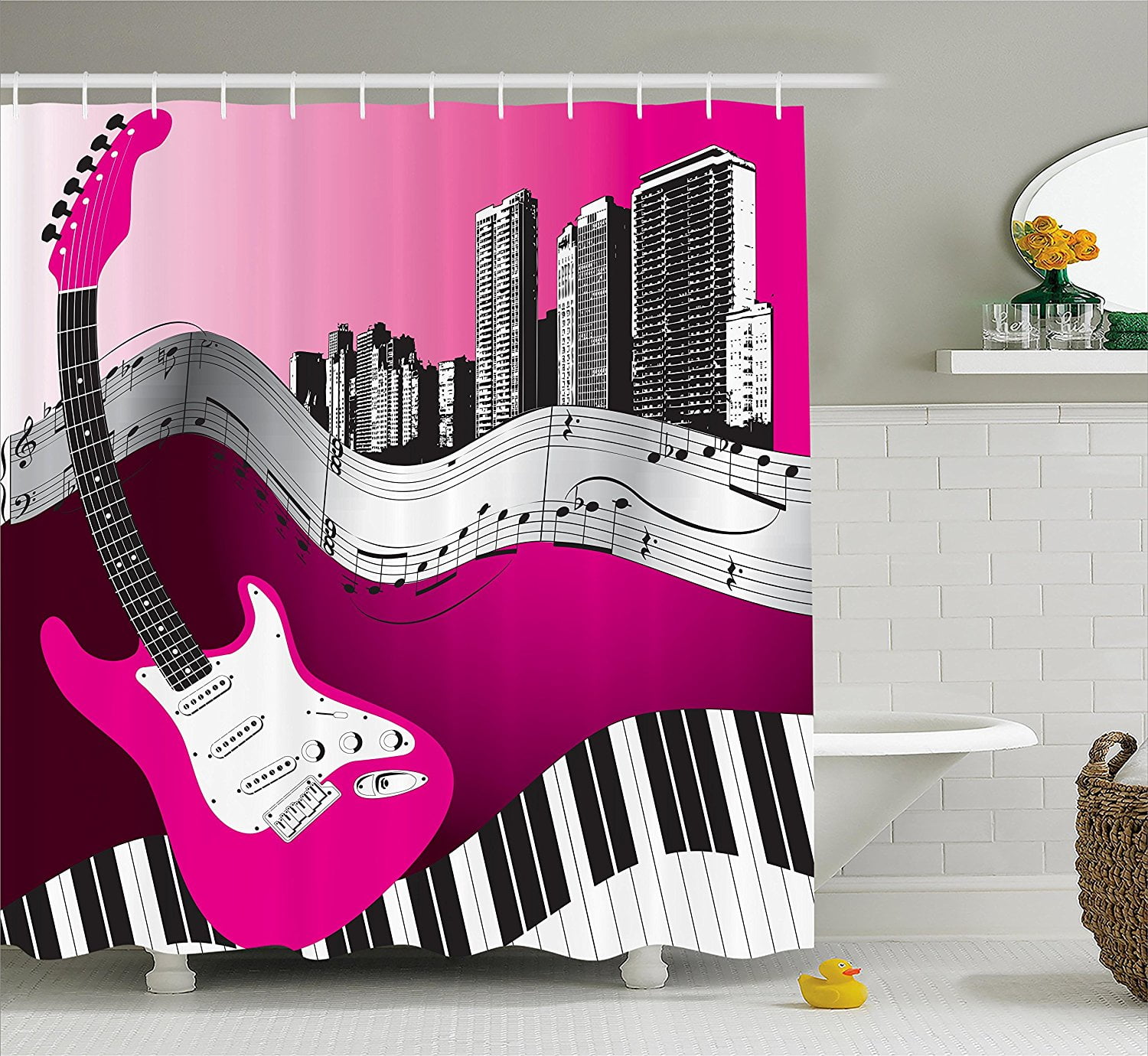 Music Shower Curtain by , Bass Guitar Keyboard Urban Rock Backdrop