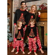 ROAONOCOMO Family Matching 2Pcs Pajamas Sets Black Long Sleeve Christmas Tree Print Tops + Letter Print Pants