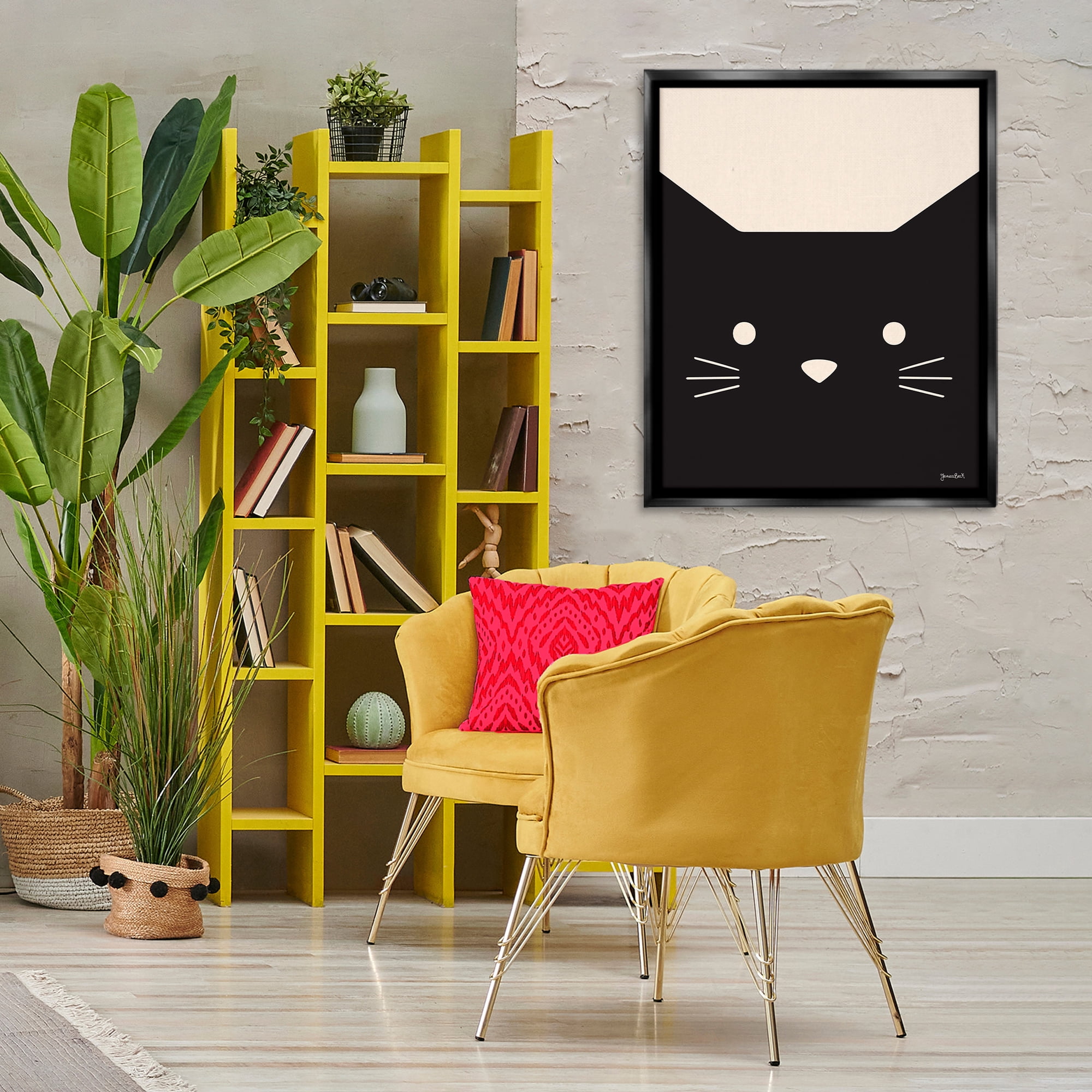 Stupell Industries Black Cat Close Up Animals Painting Black Floater Framed Canvas Art Print Wall Art, 25 x 31