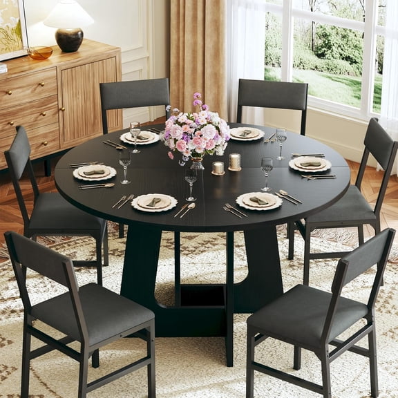Tomnk Round Dining Table Set for 6, 7-Piece Kitchen Table and Chairs for 6, 47'' Round Dining Room Table Set with 6 Chairs, Space Saving Dining Table with Wood Base for Kitchen, Living Room, Black