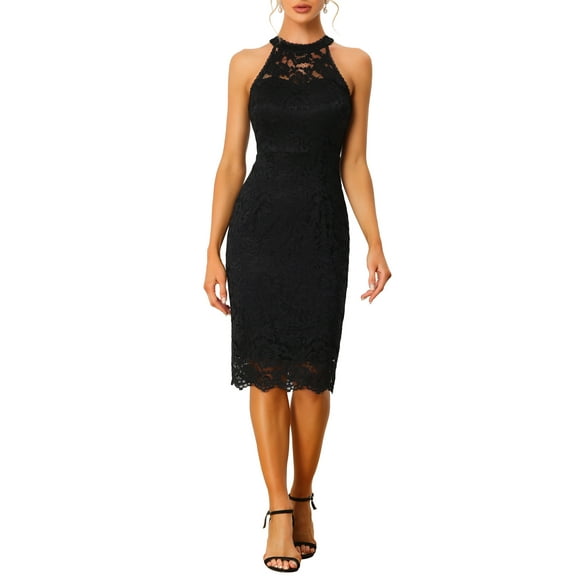 INSPIRE CHIC Women's Elegant Lace Halter Neck Sleeveless Bodycon Cocktail Sheath Midi Dress XS Black